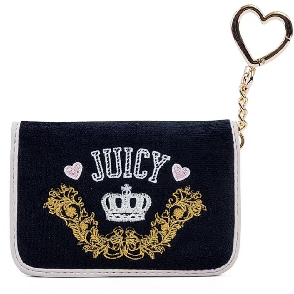 Juicy Couture Liquorice Velour Flip Fold Wallet with Heart and Crown Charms